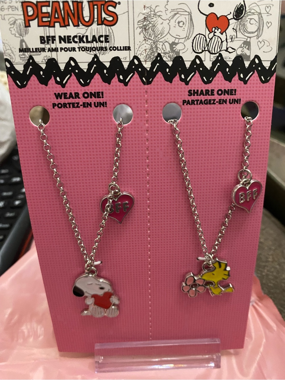 Peanuts Pink BFF Teens  Necklace Set with Snoopy & Woodstock Charms